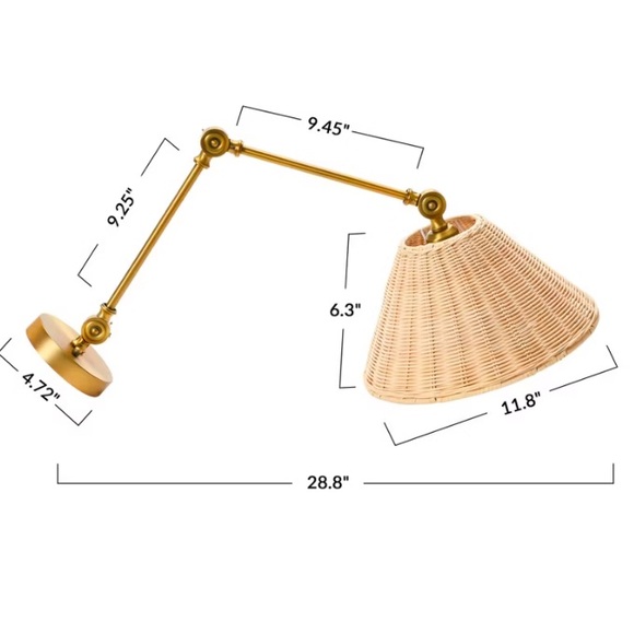 STYLISH BOHO ADJUSTABLE BRASS WALL SCONCE WITH BEIGE RATTAN SHADE‎ - NEW IN BOX - Picture 6 of 6